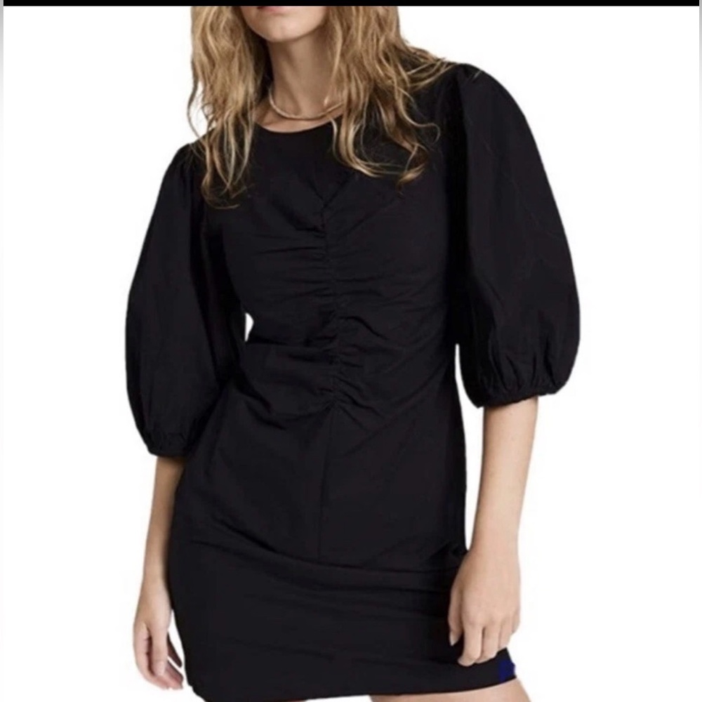Free People Hope Black Romantic Ruched Puff Sleeves Mini Dress 💯% Cotton